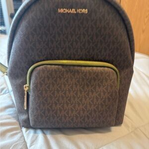Michael Kors Signature Brown Backpack with Gold and Green Accents